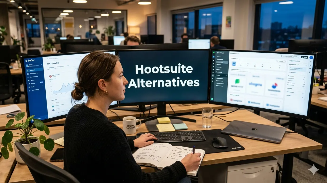 Social media manager evaluating Hootsuite alternatives on a multi-screen setup