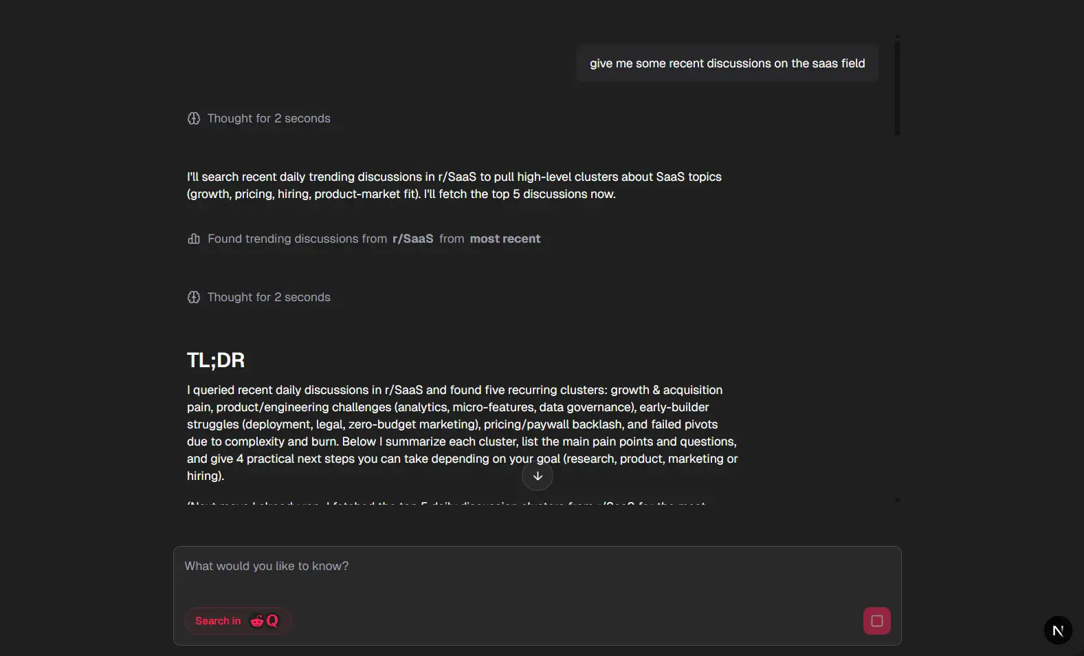 Reddinbox platform interface showing Reddit and Quora conversation analysis with AI-generated insights