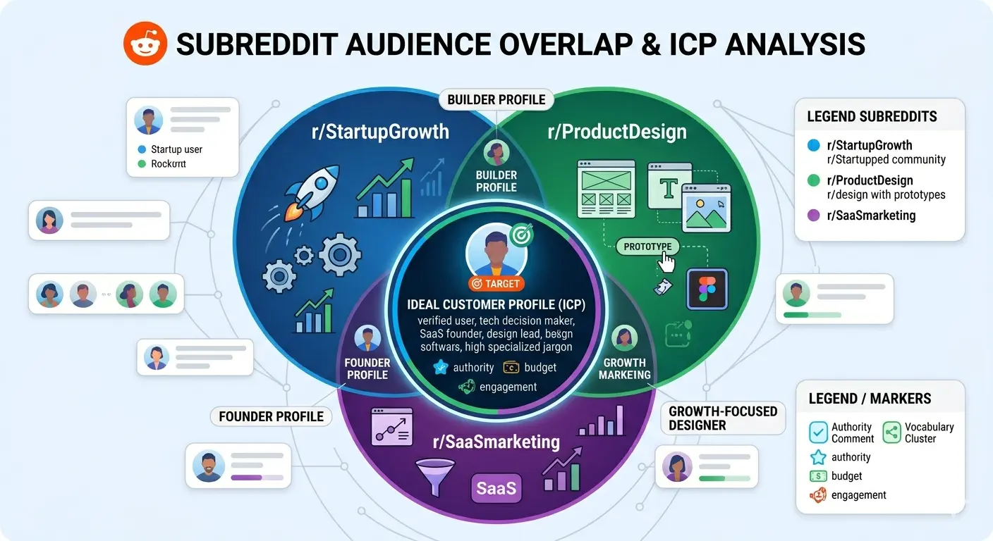 Flat illustration of overlapping circles representing audience segments across three subreddits, with an ICP profile in the center overlap