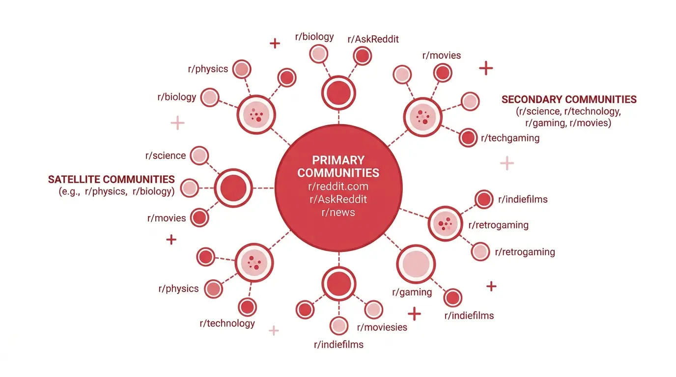 Flat illustration of a subreddit map with three tiers: primary, secondary, and satellite communities connected by dotted lines